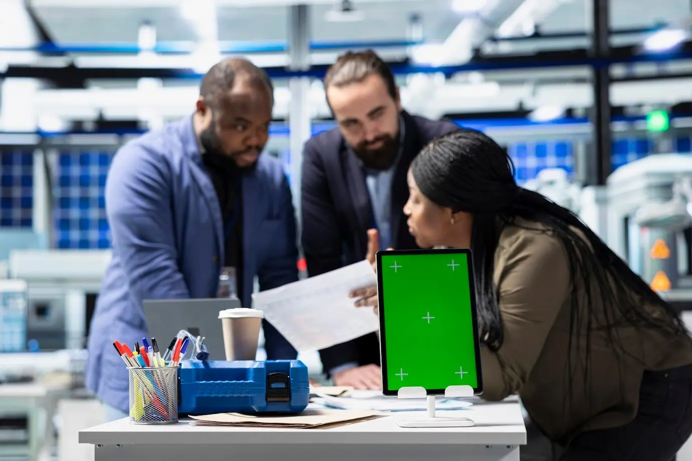 Разнообразная группа, связанная с солнечными панелями, изучает инсайт на компьютере рядом с зеленым экраном.