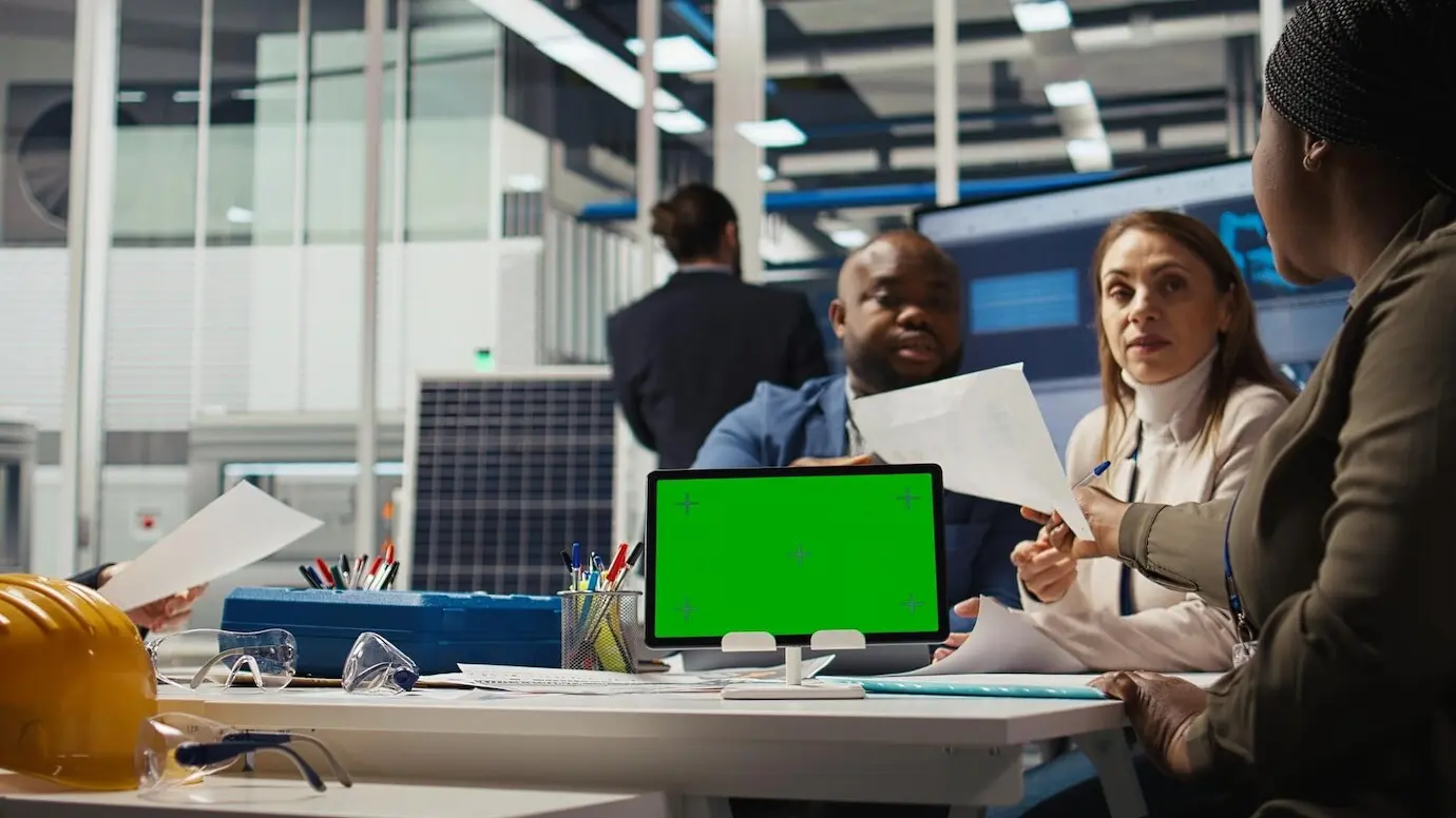 Заводской инженер останавливает перерабатывающее производство с помощью планшета с зелёным экраном.